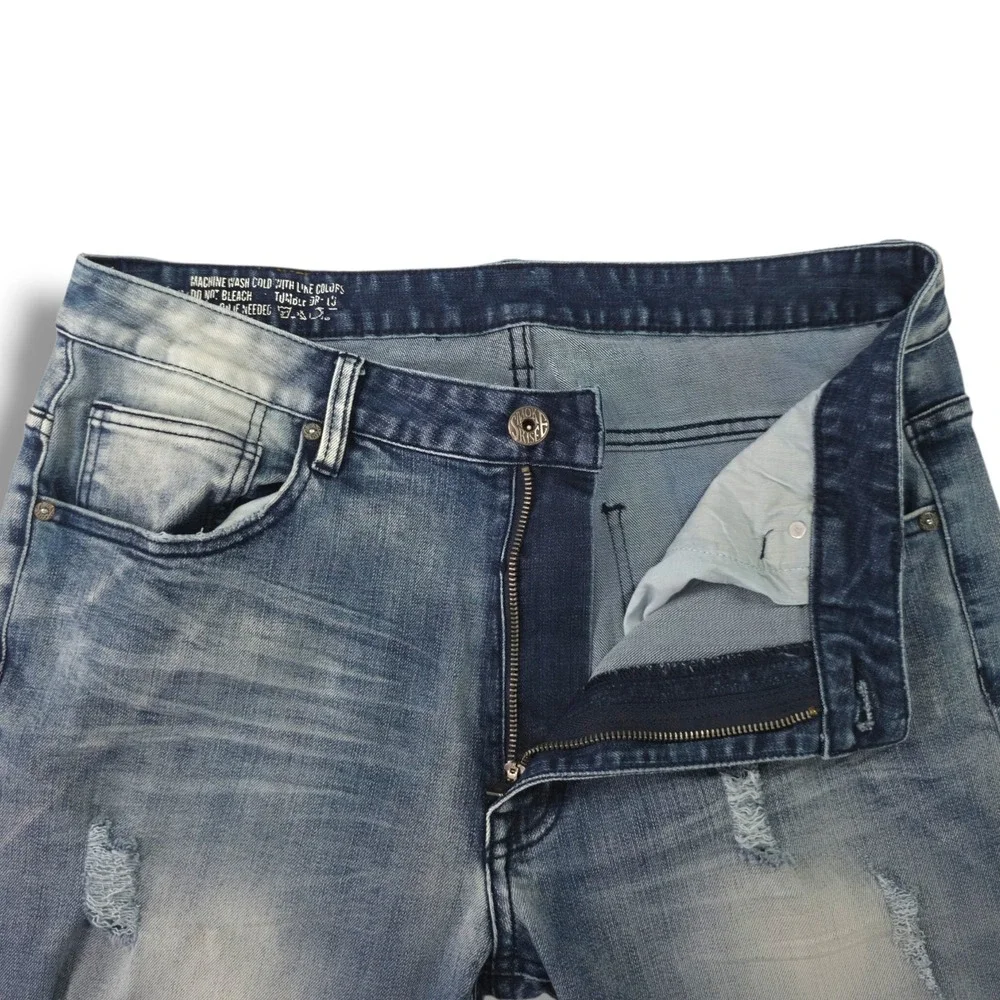 Smoke Rise Distressed Slim Straight Jeans Ripped Knee Moto Light Wash Y2K 34x34